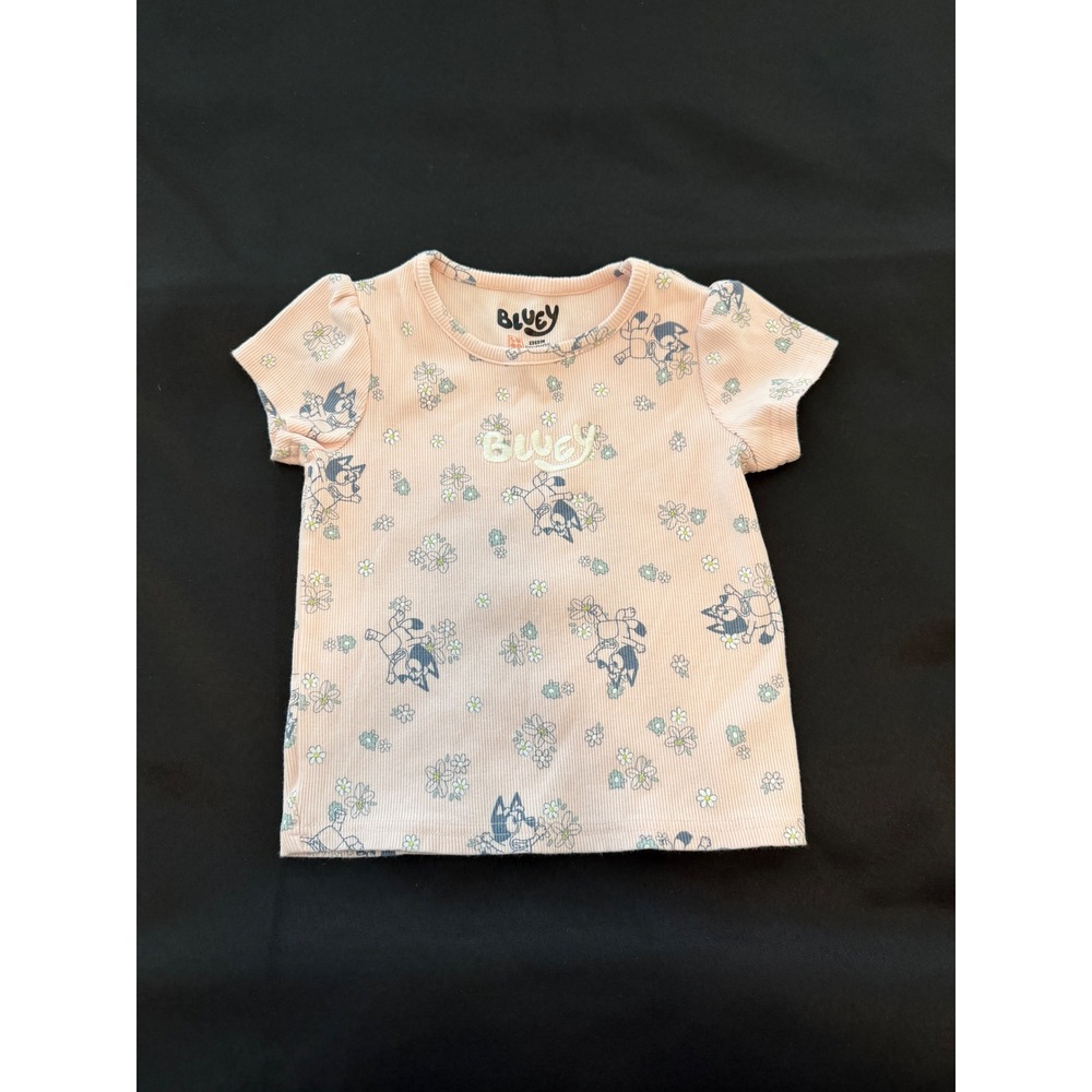 Bluey Girls Pink Ribbed Graphic T-Shirt Floral Daisy Short Sleeve Top 3T